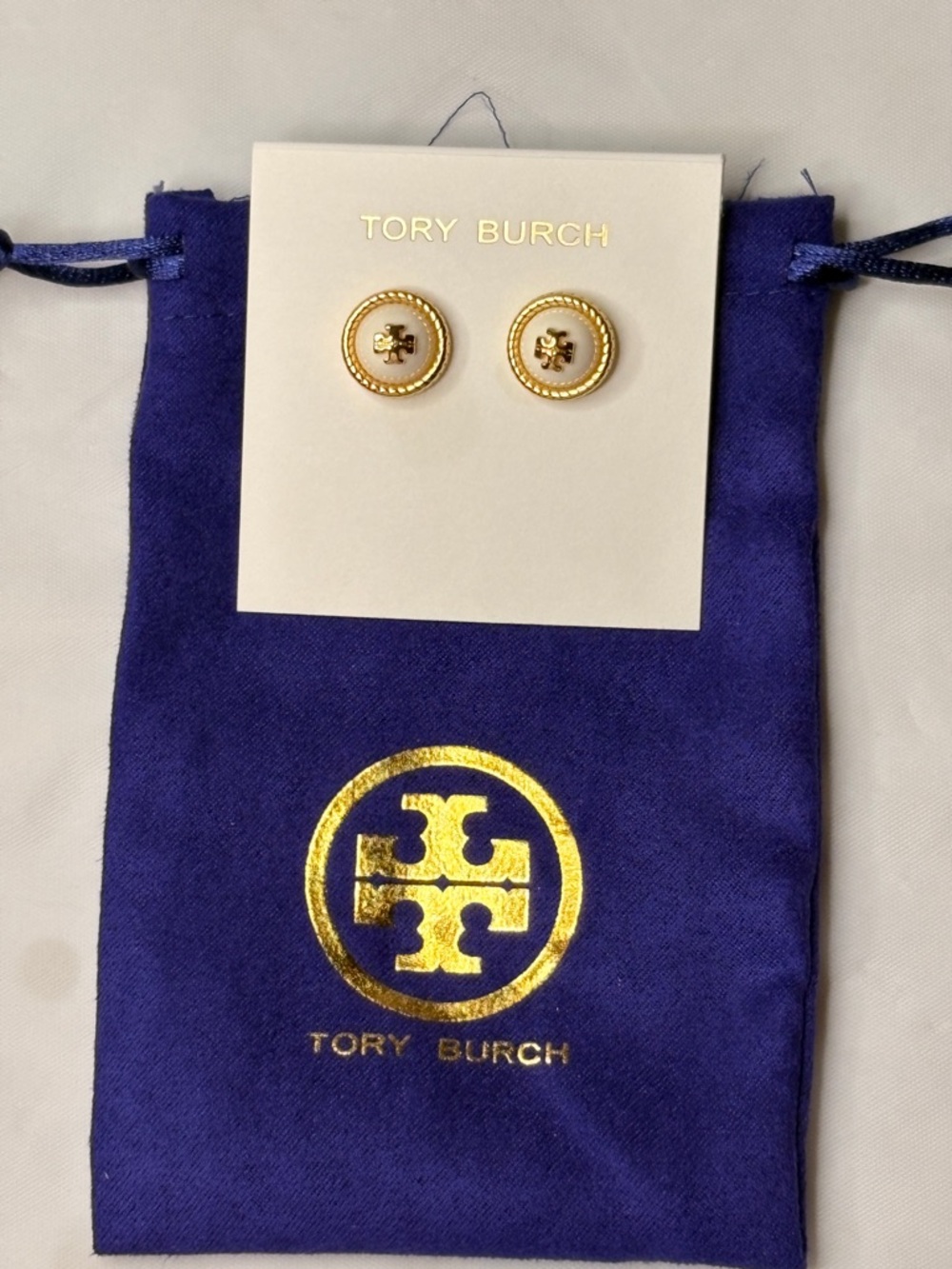 Tory Burch Gold and White Enamel Logo Button Earrings
